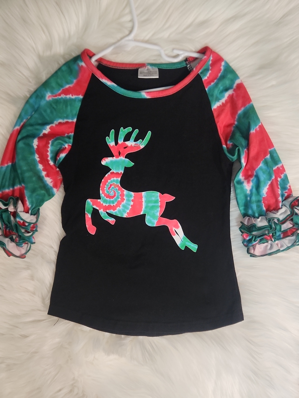 Reindeer Graphic Black Tee with Red & Teal Tie-Dye - Girls Size 4-5